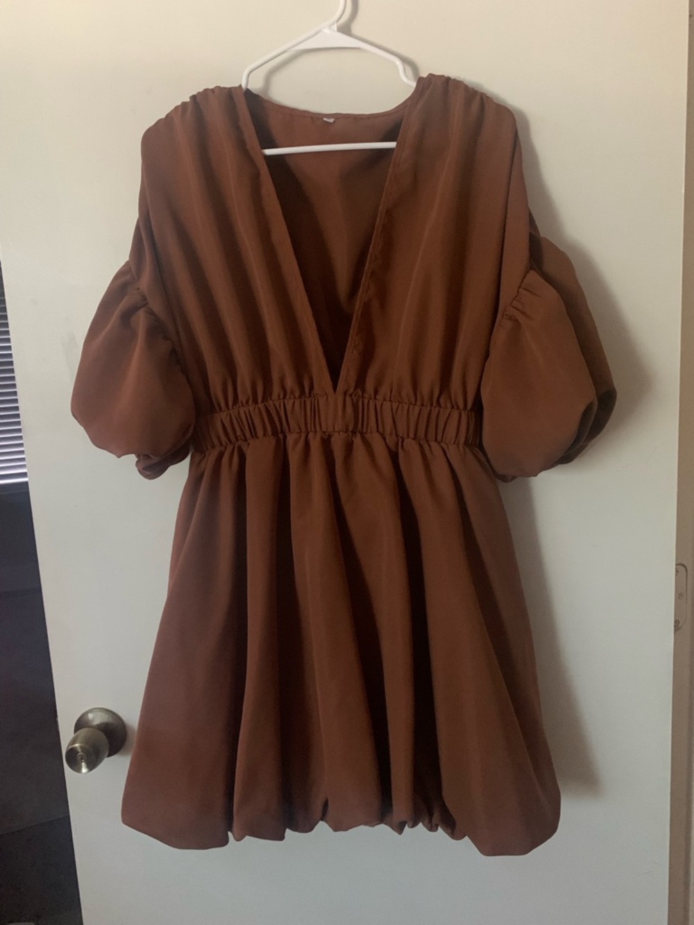 Rust Brown V-Neck Puff Sleeve Mini Dress